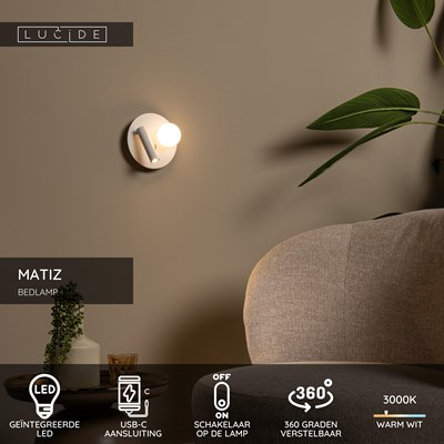 Lucide MATIZ - Bedlamp / Wandlamp - Ø 16,5 cm - LED - 3000K - Met USB oplaadpunt - Wit